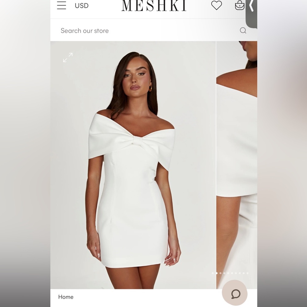 MESHKI GYWNETH OFF THE SHOULDER BOW MINI DRESS. White size small with tags
